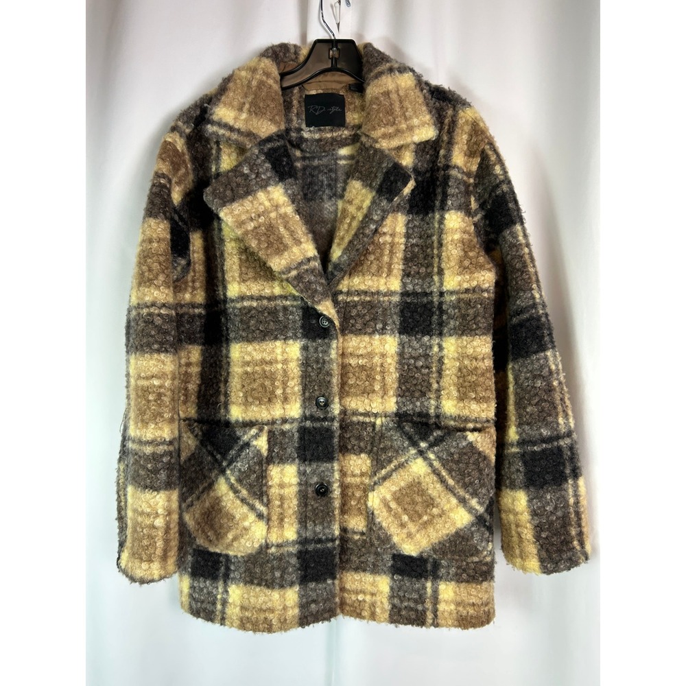 RD Style Plaid Boucle Shacket Jacket Brown Yellow Tan XS Cozy Cabincore